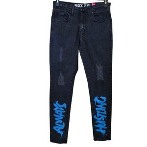 Black Pike Mens Always Hustling Graphic Distressed Slim Jeans Black Grunge 30x32